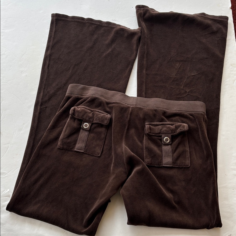 Vintage Juicy Couture Velour Y2k Tracksuit Pant USA Flare Snapback Pockets Brown - Picture 4 of 17